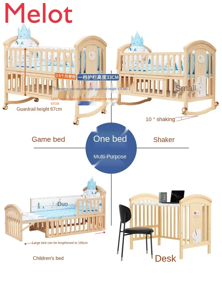 

Baby Crib Multi-Functional BB Babies' Bed Solid Wood Paint-Free Cradle Newborn Movable Children Splicing Bed