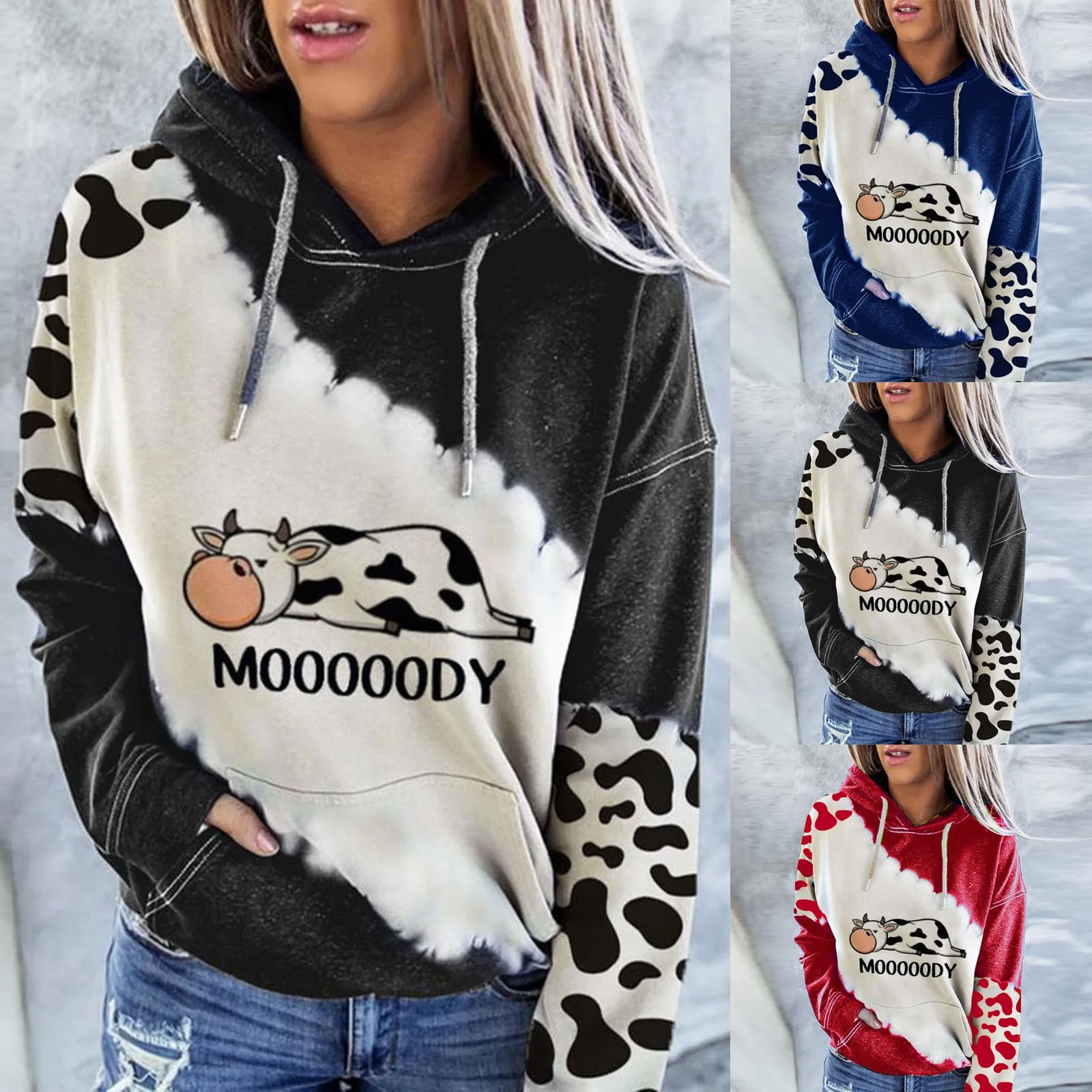 

2021 Fashion Hoodies Women's Cute Cow Print Sweatshirt Long Sleeve Round Neck Casual Tops Shirts Women Scriptor Summo#G