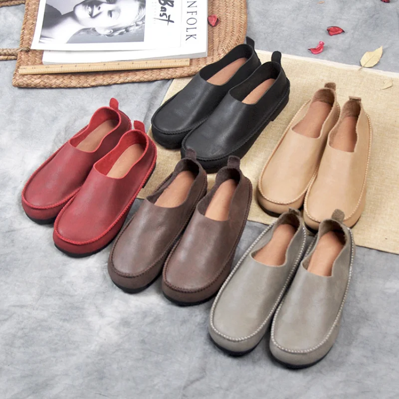 

Women's Genuine Cow Leather Retro Basic Concise Shoes Ladies Fashion Light Shallow Breathable Soft Vulcanize Zapatos Mujer 2021