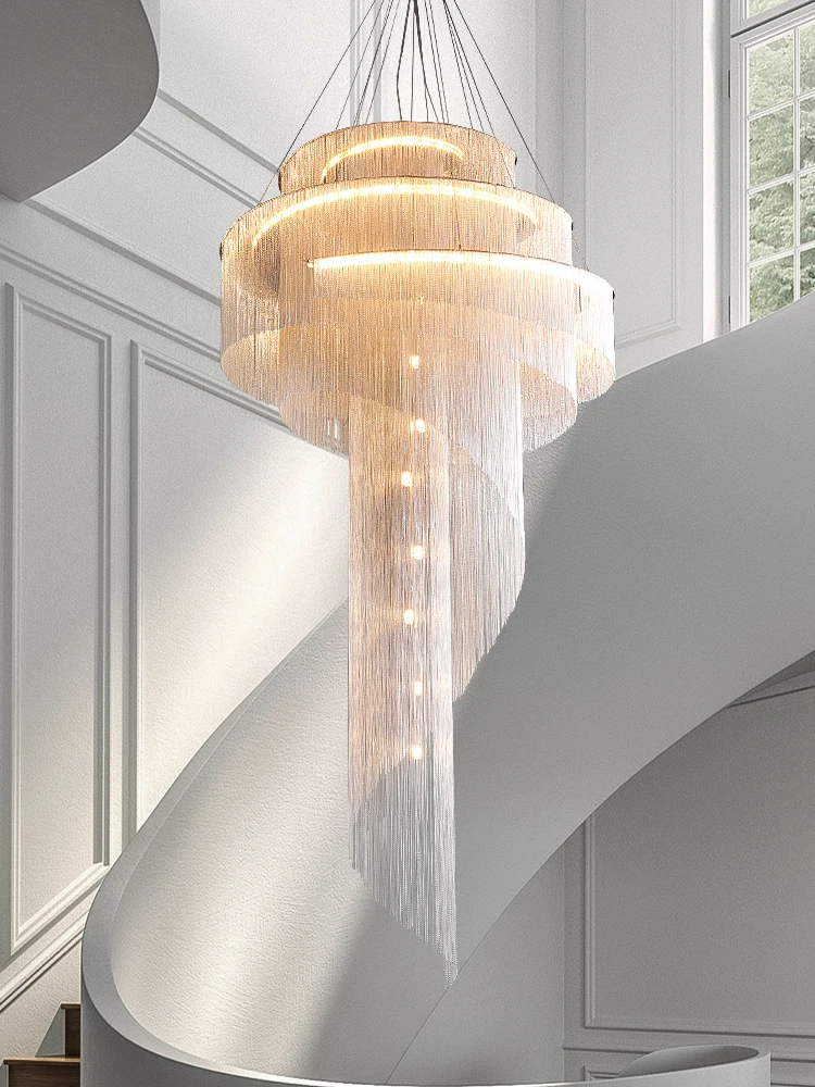 

Post-modern light luxury chandelier villa duplex building living room spiral staircase long chandelier