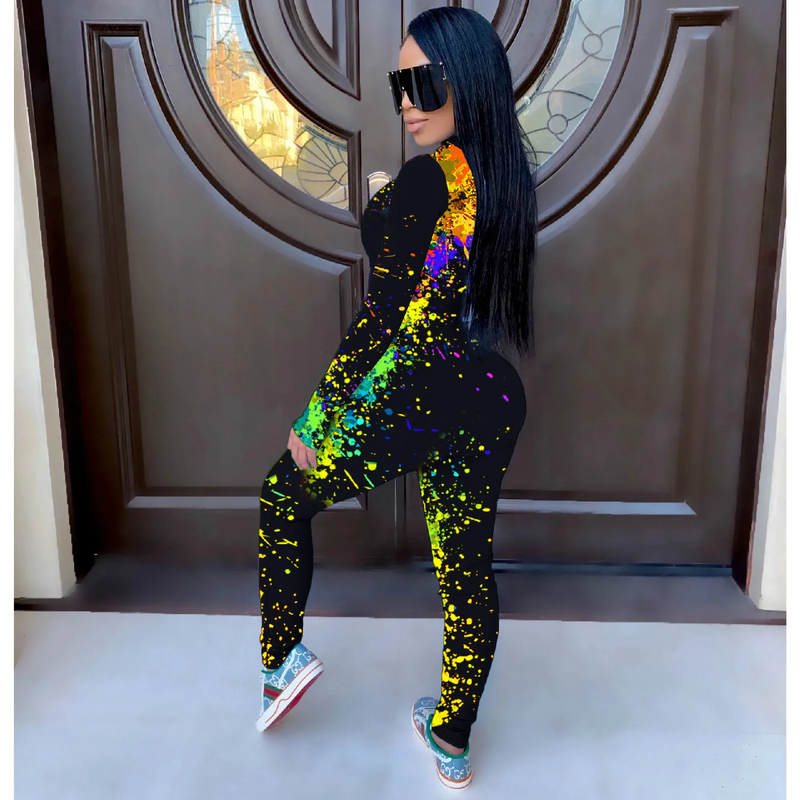 

HAOOHU Workout Activewear Galaxy Print Zipper Romper Womens Jumpsuit Sporty Long Sleeve Fitness Sexy Bodycon Overalls Playsuits