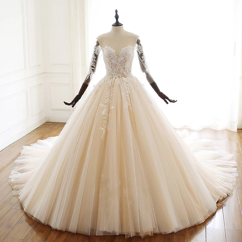 

Luxury Wedding Dresses Long Sleeve Tube Top Lace Applique Glamorous Gowns Embroidery Hand Beaded Robe de mariée Court Train