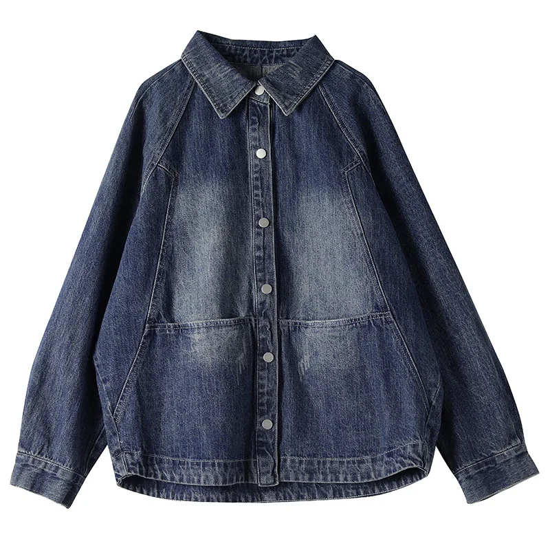 

IEQJ Women Denim Jacket Blue High Street Distressed Full Sleeve Lapel Collar Wild Loose Oversized 2021 New Spring Fashion XA240
