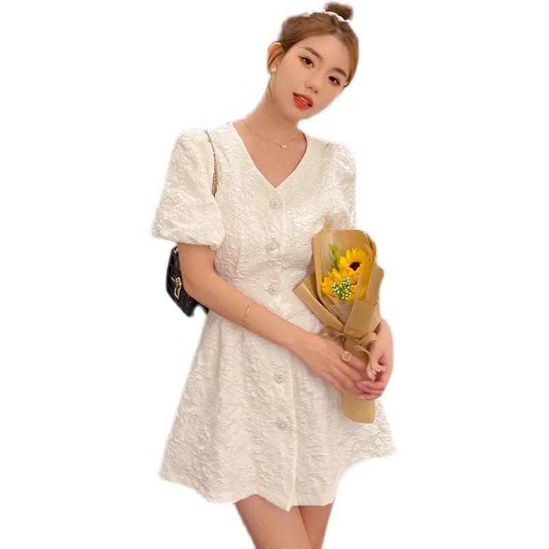 

Women Summer Solid Color Sweet French Style Floral Mini V-Neck Dress Female Elegant Puff Sleeve Jacquard Dresses Ladies Vestidos