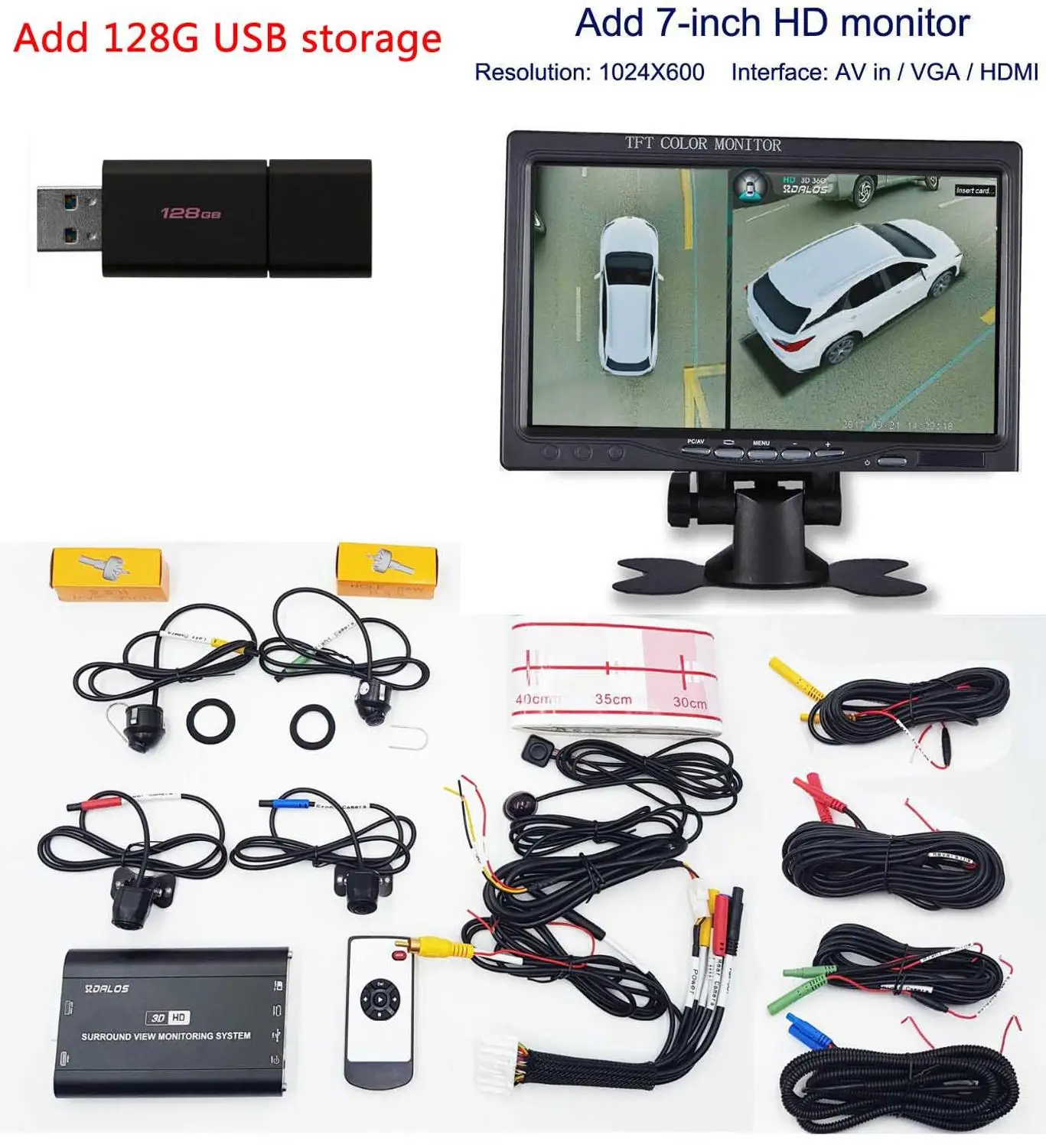 128G with 7inch SZDALOS Newst система наблюдения за птицами HD 3D 360 система объемного обзора многоугольная Регулируемая металлическая Автомобильная камера 1080P DVR g-сенсор - Название цвета: 128G with 7inch
