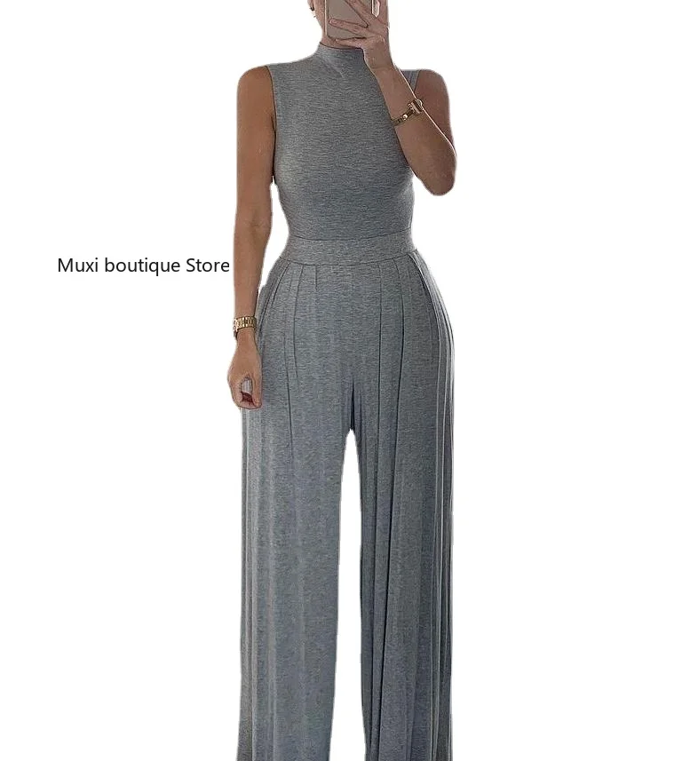 

Women sleeveless jumpsuit fashion solid pleated trousers summer are casual and capable half-height collar waist jumpsuits