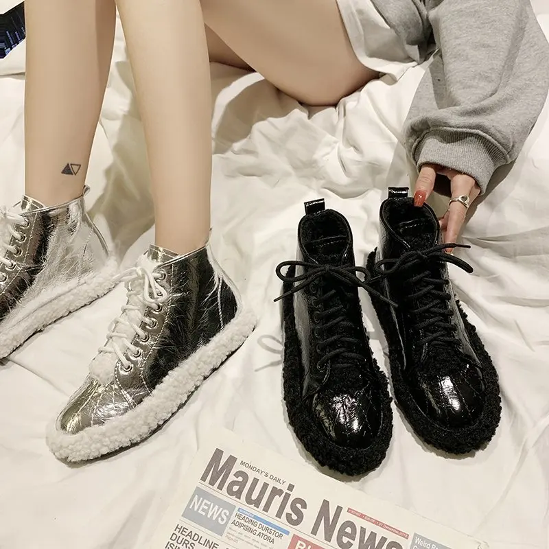 Hairy Shoes Women's High-top Shoes 2022 Autumn and Winter New All-match Casual Shoes Plus Velvet Warm Snow Cotton Shoes