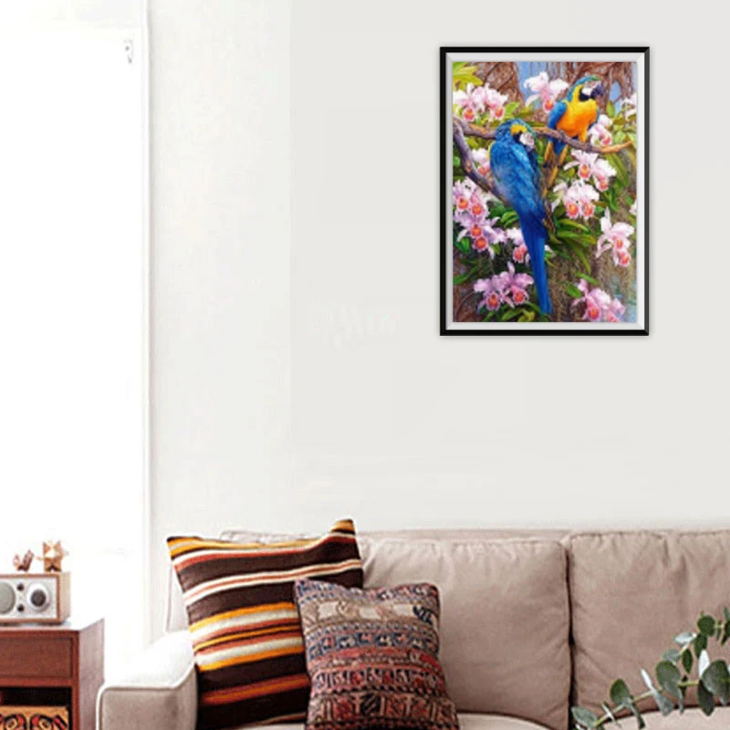 Алмазная живопись 5D дерево на двух синих попугаях инкрустированная алмазами