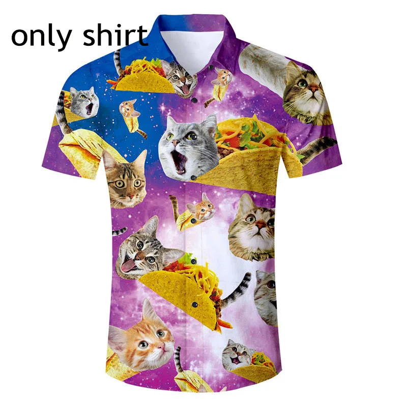 only shirt Мужская гавайская рубашка и шорты с 3D принтом Галактики, Космический Кот, повседневный комплект, мужской комплект из 2 предметов, пляжные шорты, рубашка-смокинг размера плюс - Цвет: only shirt