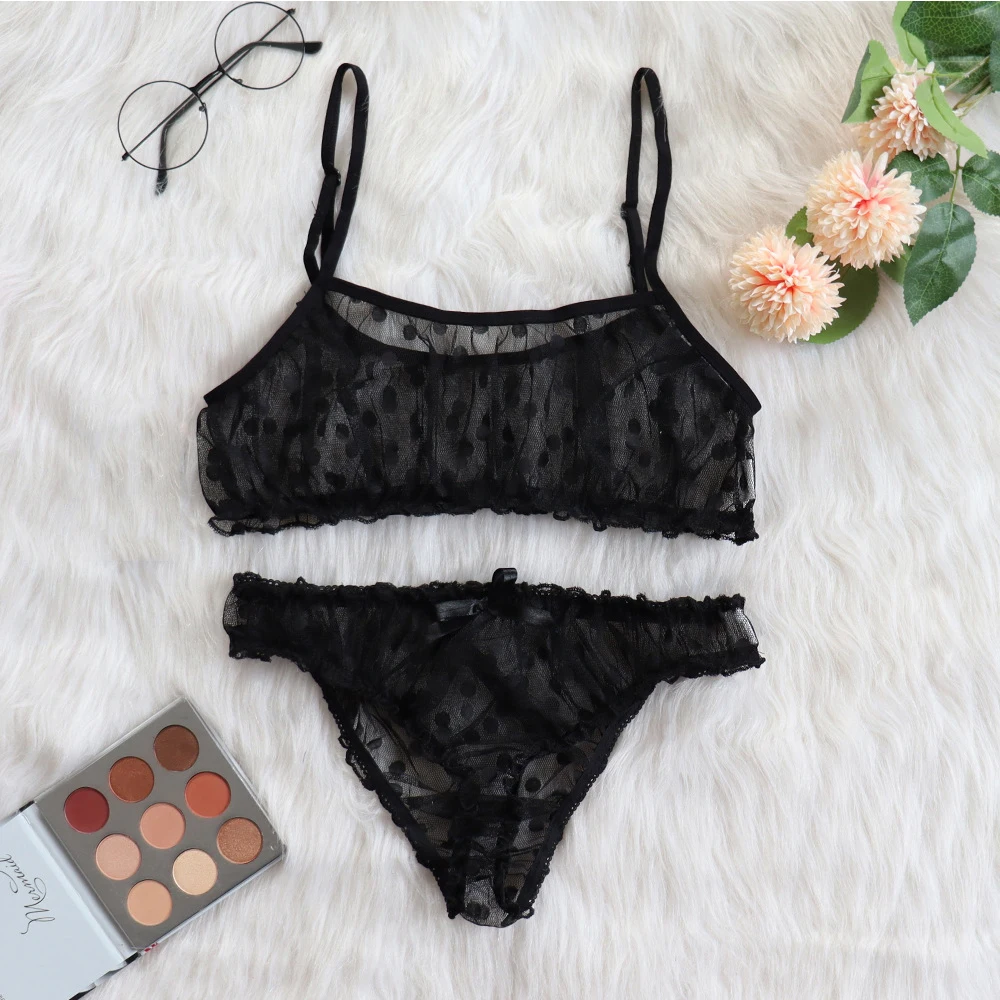 Новое сексуальное эротичное нижнее бельё из сетки в горошек с оборками кружевное