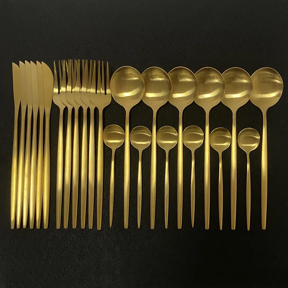24 шт. Золотая матовая столовая посуда набор столовых приборов 304 нержавеющая