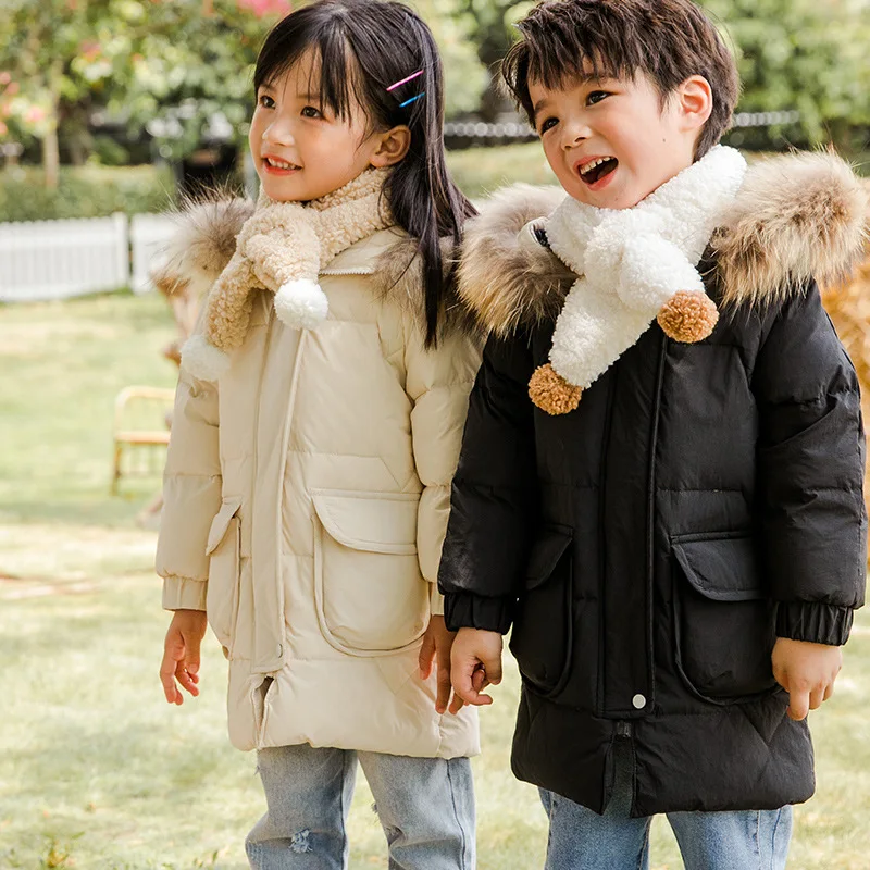 

JXYSY New Baby Winter Down Coat For Children Jacket Mid-length large fur collar Winter Coat Hooded Outwear Parker 4-8 Years Old