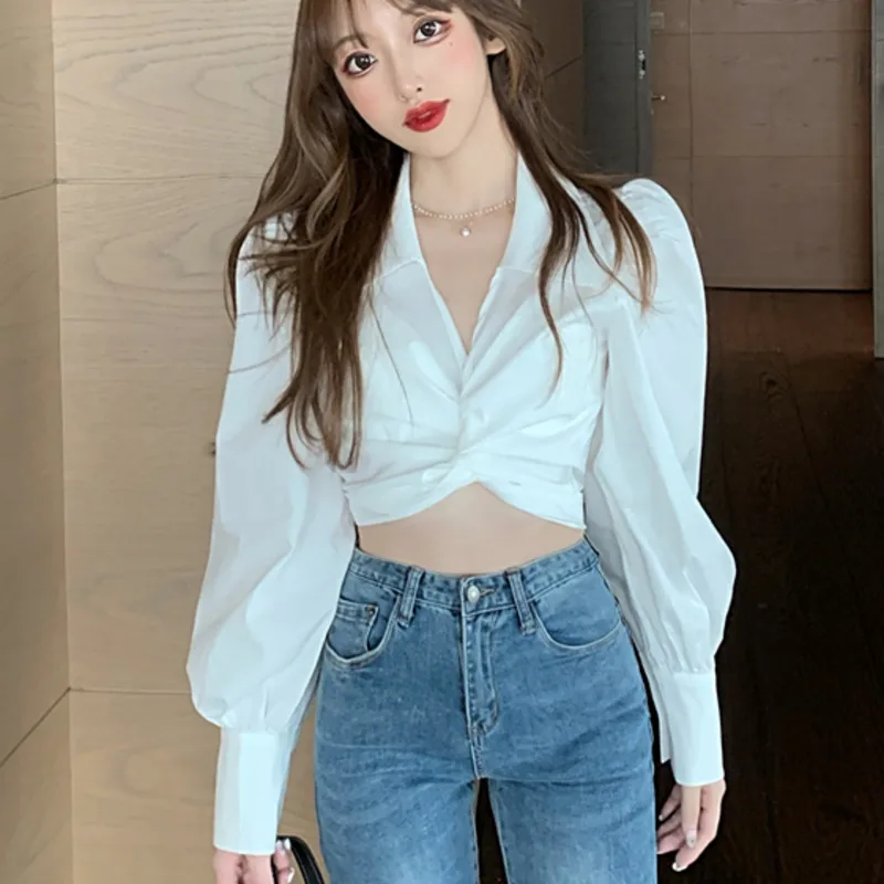 

V-neck Elegant Women Casual Chiffon Shirt Long Sleeve Bow Slim Short Tops Chic Spring Women's Clothing High Street Blouse Female
