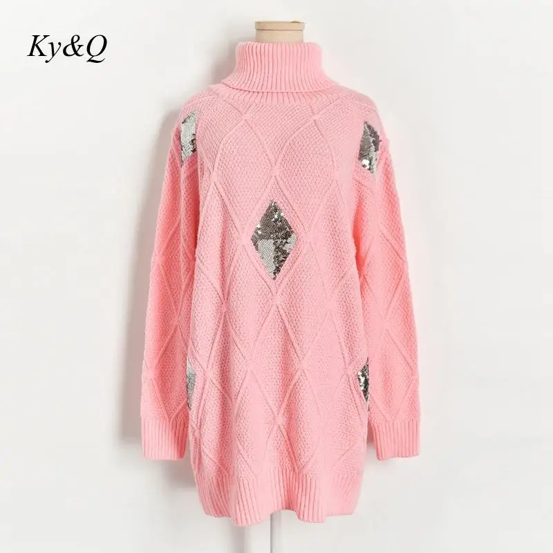 Brand 2019 Winter Women Pink Luxury Pullover Long Loose Lazy Turtleneck Sequin Rhombus Warm Knitted Sweater Clothes Jumper | Женская
