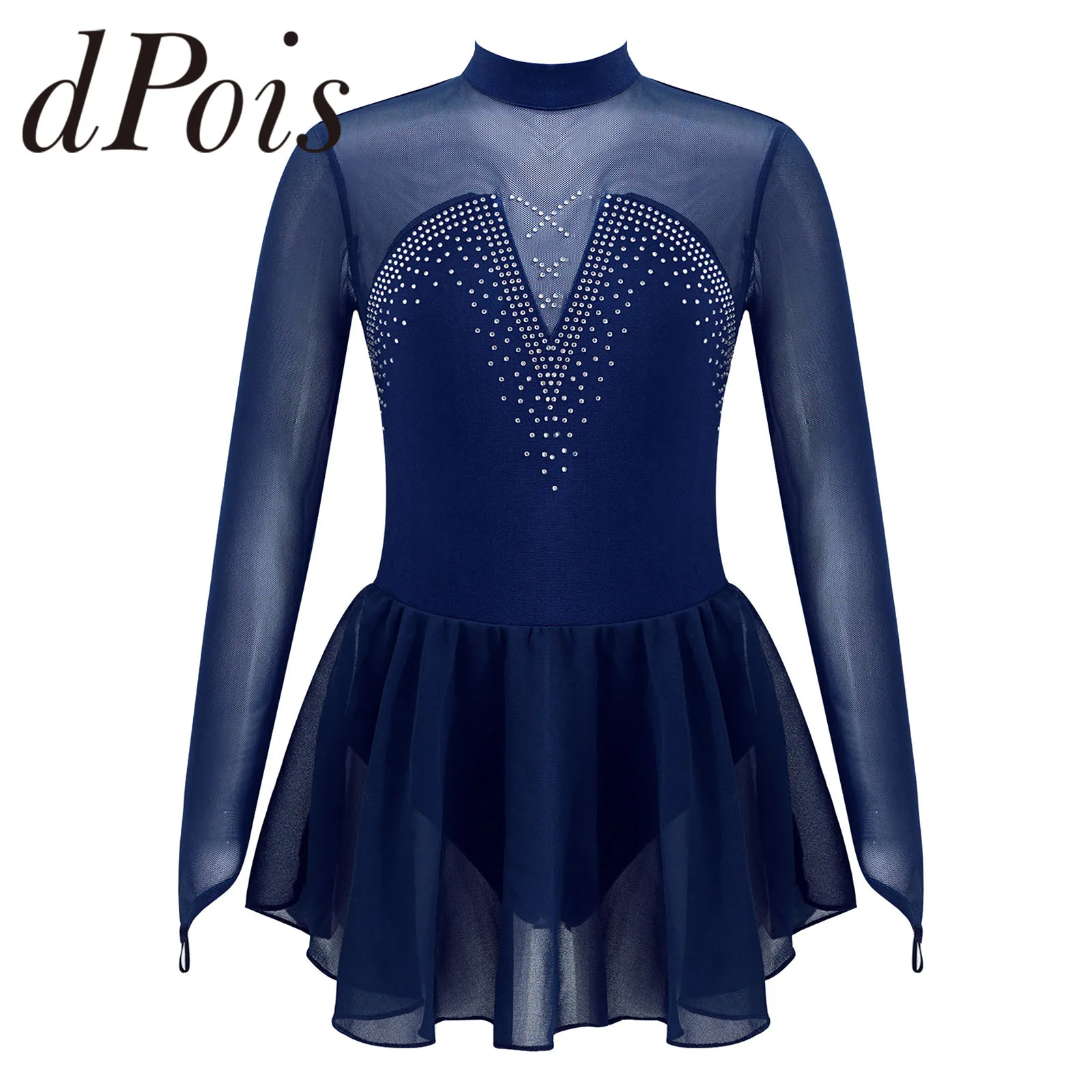 Kids Teens Ballet Gymnastics Leotard Dress Sparkly Rhinestone Tulle Figure Ice Roller Skating Dress Costume Girls Dance Wear