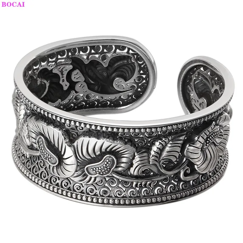 

BOCAI 100% S999 Sterling Silver Bracelets Fashion Ancient Plant Totem Charm Jewelry Pure Argentum Women's Opening Bangles