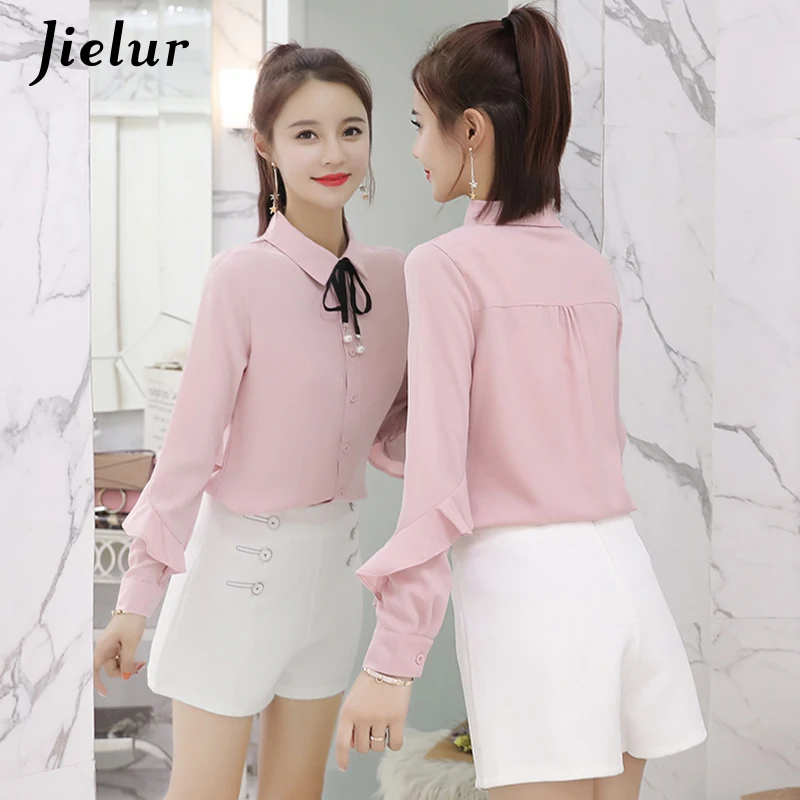 Jielur Lace Up Bow Tie Autumn Women Chiffon Blouse Ruffles Patchwork White Shirt Leisure Long Sleeve Pink Ladies Blusas Tops XXL | Женская