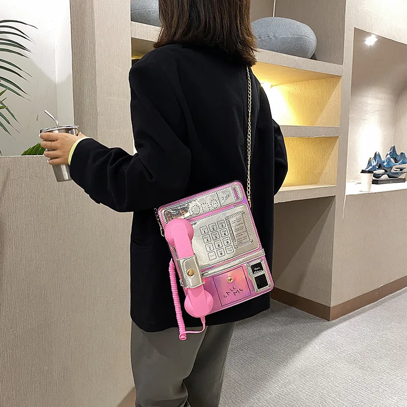 

Women's shoulder bag personality laser simulation public phone alphanumeric female bag messenger bag bags for women
