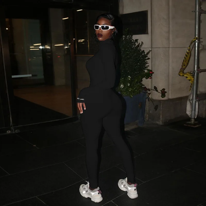 Lucky Label Plus Jumpsuit For Women Romper 2020 Black White Long Sleeve Casual Skinny Turtleneck Sport Bodysuit Two Piece Set