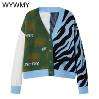 zebra print cardigan women sweater color match v neck autumn casual knitted sweaters female fashion sweet knitwear cardigan tops