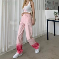 pink fashion womens jeans gradient outerwear bottom high waist casual oversize jeans kawaii spring and autumn wide leg jeans