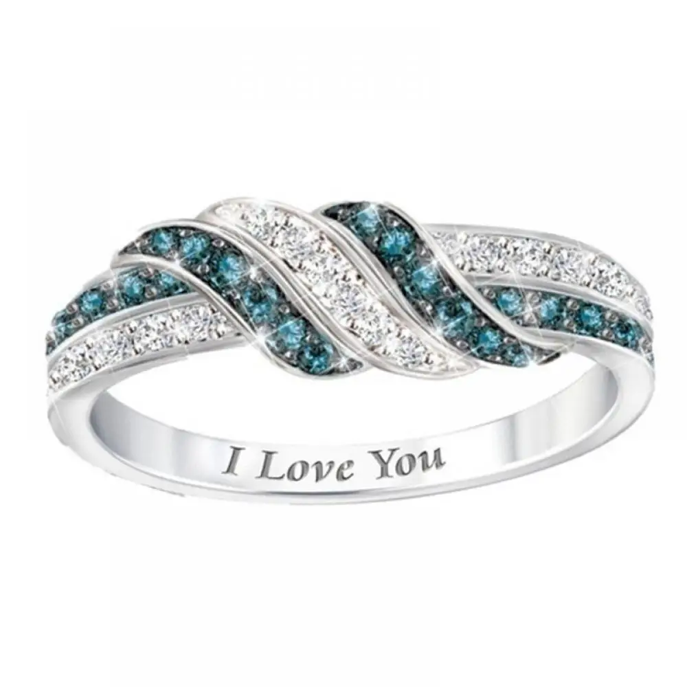

"i Love You" Lettering Exquisite Fashion White Blue Gemstone Ring Elegant Ladies Casual Engagement Party Geometric Ring Jewelry