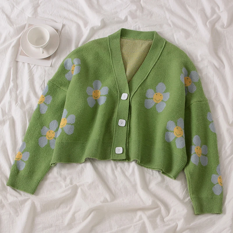Vangull Preppy Style Flower Knit Cardigans Sweater Women V Neck Loose elegaht Thicked Pull Femme Print Short Casual Autumn Coat |