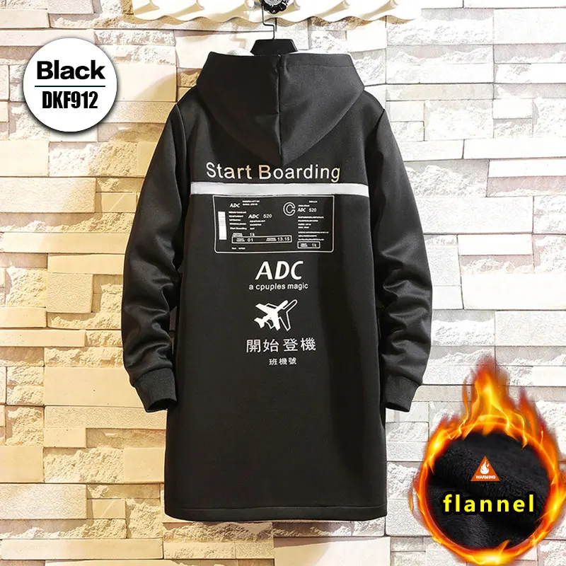 Флисовая Куртка, зимние мужские парки, 5XL, с принтом, военный, японский, с капюшоном, длинный плащ, черный, в стиле хип-хоп, уличная одежда, Толстые мужские куртки - Цвет: DKF912Black