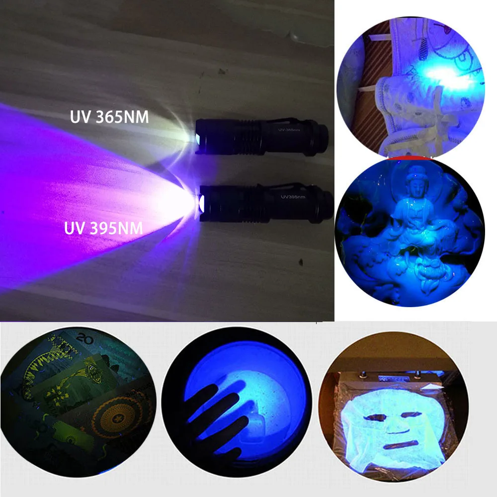 

Светодиодная УФ-вспышка, 365 нм, 395 нм, фонарик, ультрафиолетовая, фиолетовая, черная, флуоресцентная, AA, ручка для денег, фонарик R1