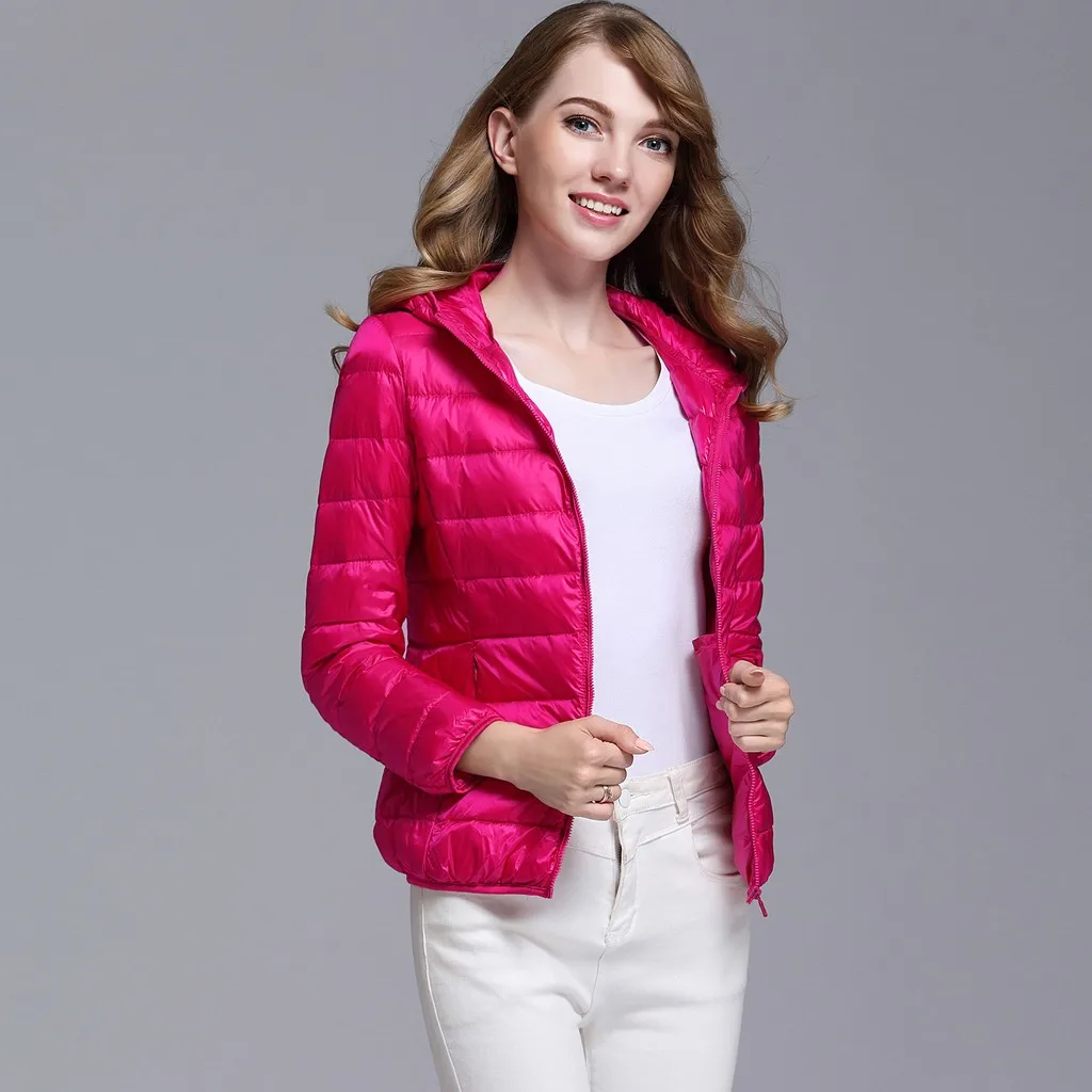 Hot Pink Новые зимние женские ультра легкие пуховики Белые куртки с капюшоном с утиным пухом теплое пальто с длинным рукавом Парка женская однотонная верхняя одежда пальто - Цвет: Hot Pink