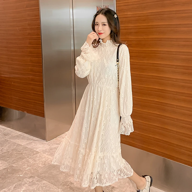 Зимний костюм для беременных с длинным Расклешенным рукавом Кружевное платье