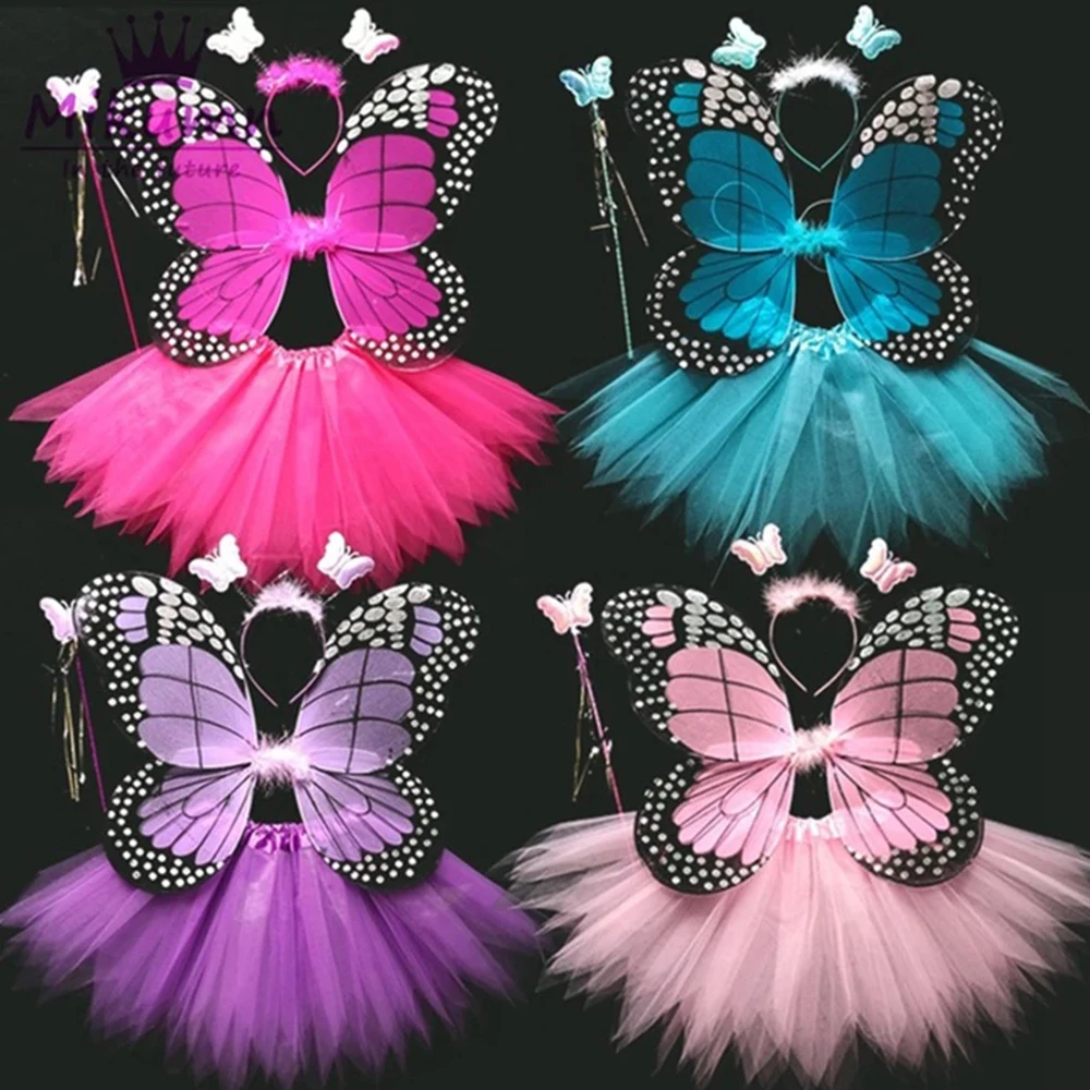 

4Pcs Girls Dress Halloween Cosplay Fairy Angel Wings Insect Theme Costume Kids Girls Butterfly Wings Costume Performance Dress