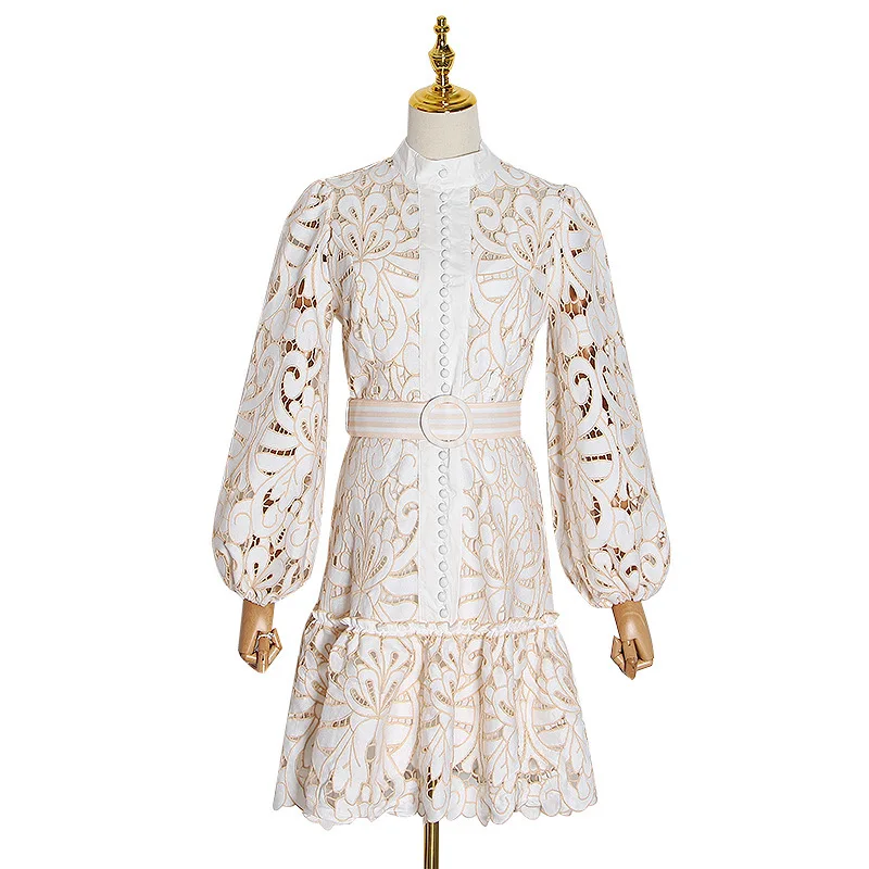 

Early new sexy hollow women's dress stand collar bubble sleeve high waist slim mini dress women