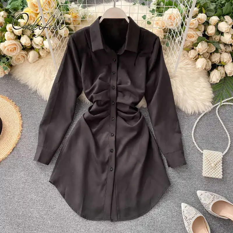 

2021 Spring Autumn Women Short Tunic Shirt Dress High Waist Draped Single Breasted Elegant Office Lady Mini Dress