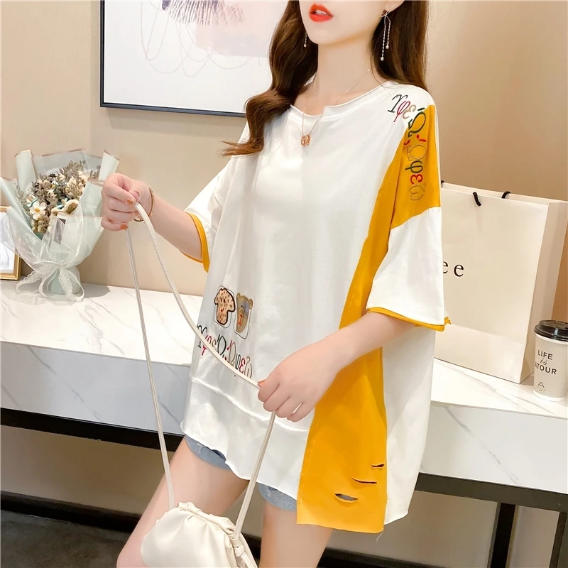 

Cotton 2021 Summer New Korean Style Large Size Women's Clothing for Plump Girls Loose Color Matching Embroidered Short Sleeve