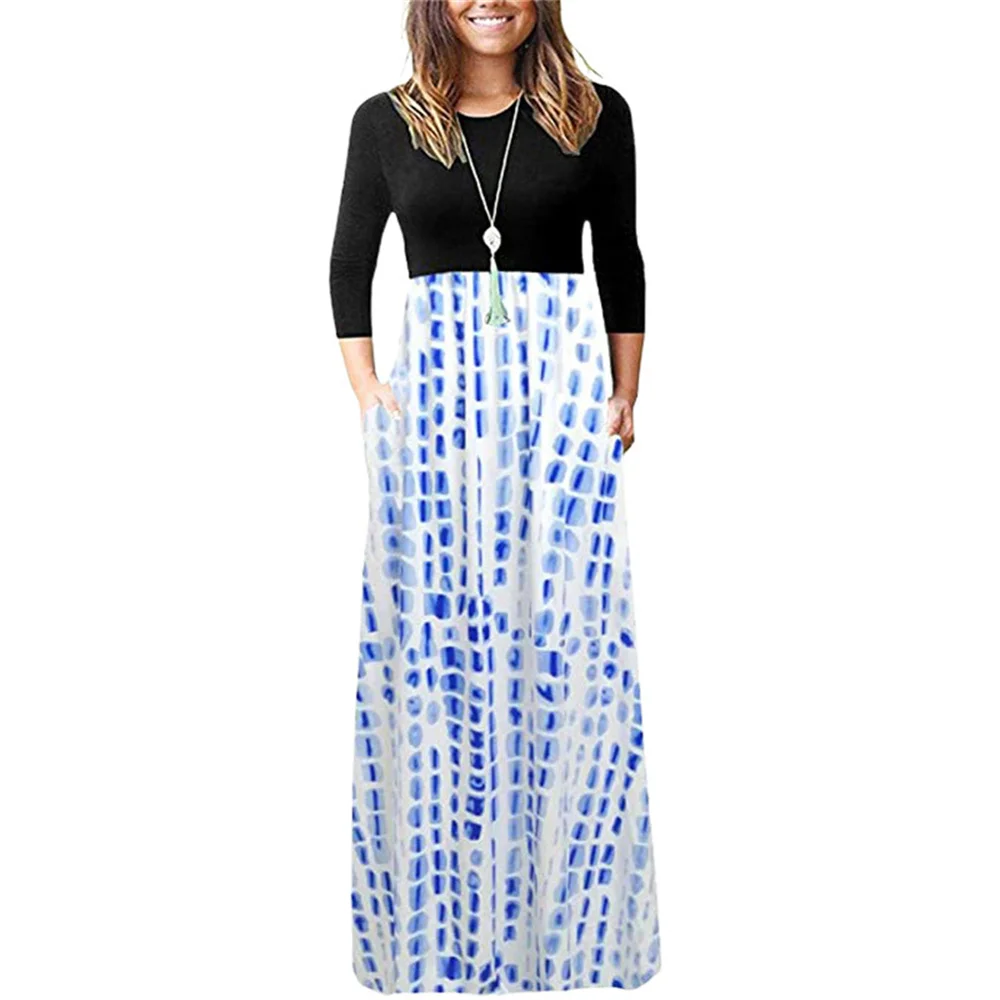 

2021 Autumn Winter New Fashion Print Splicing Maxi Women Dress O Neck Long Sleeve Loose Vintage Ladies Dress Robe Femme Vestidos