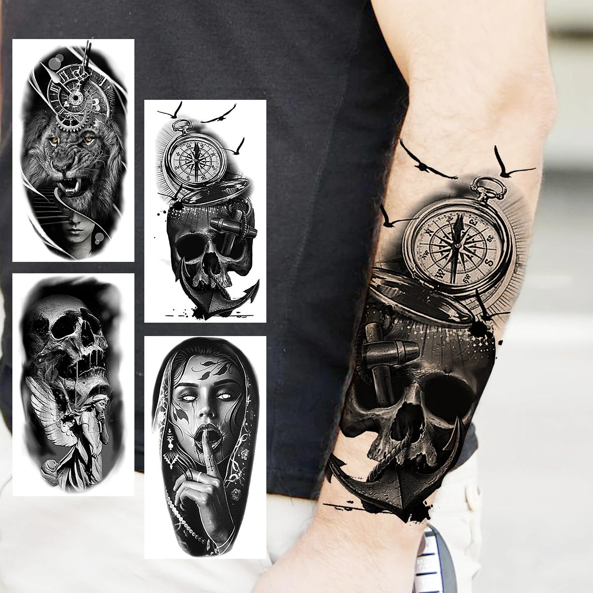 

Временные тату-наклейки с якорем, скелетом, компасом, для мужчин, женщин, мужчин, для взрослых, реалистичный Лев, вампир, водостойкая наклейк...