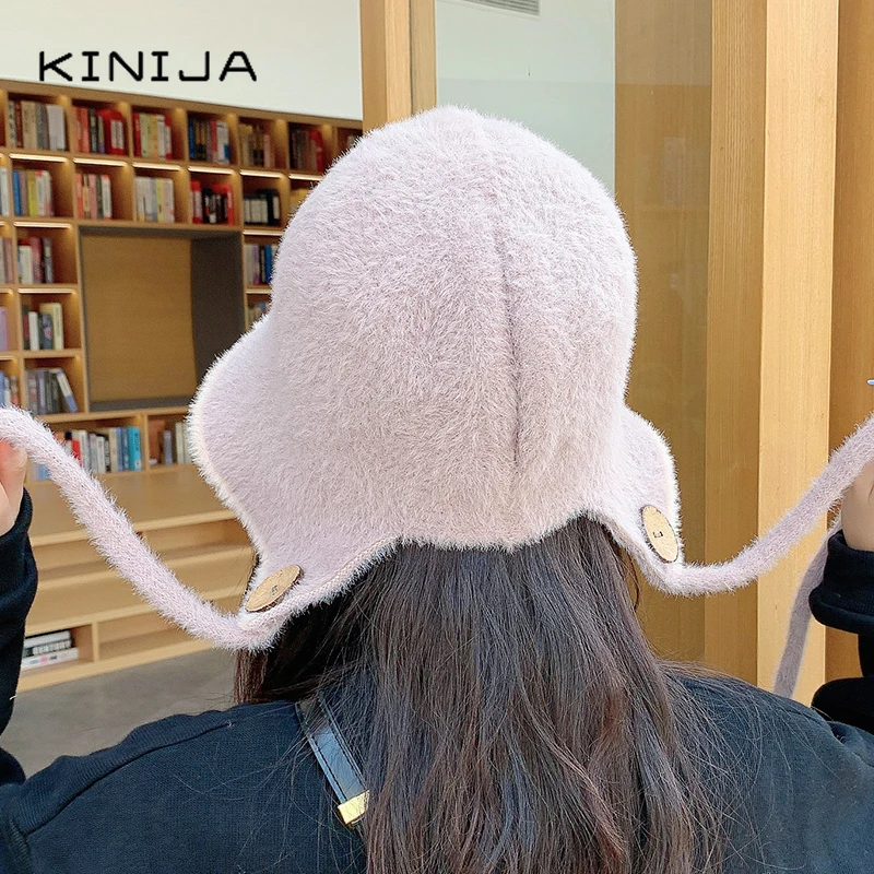 Корейская женская вязаная меховая бандажная Рыбацкая шапка зимняя плотная