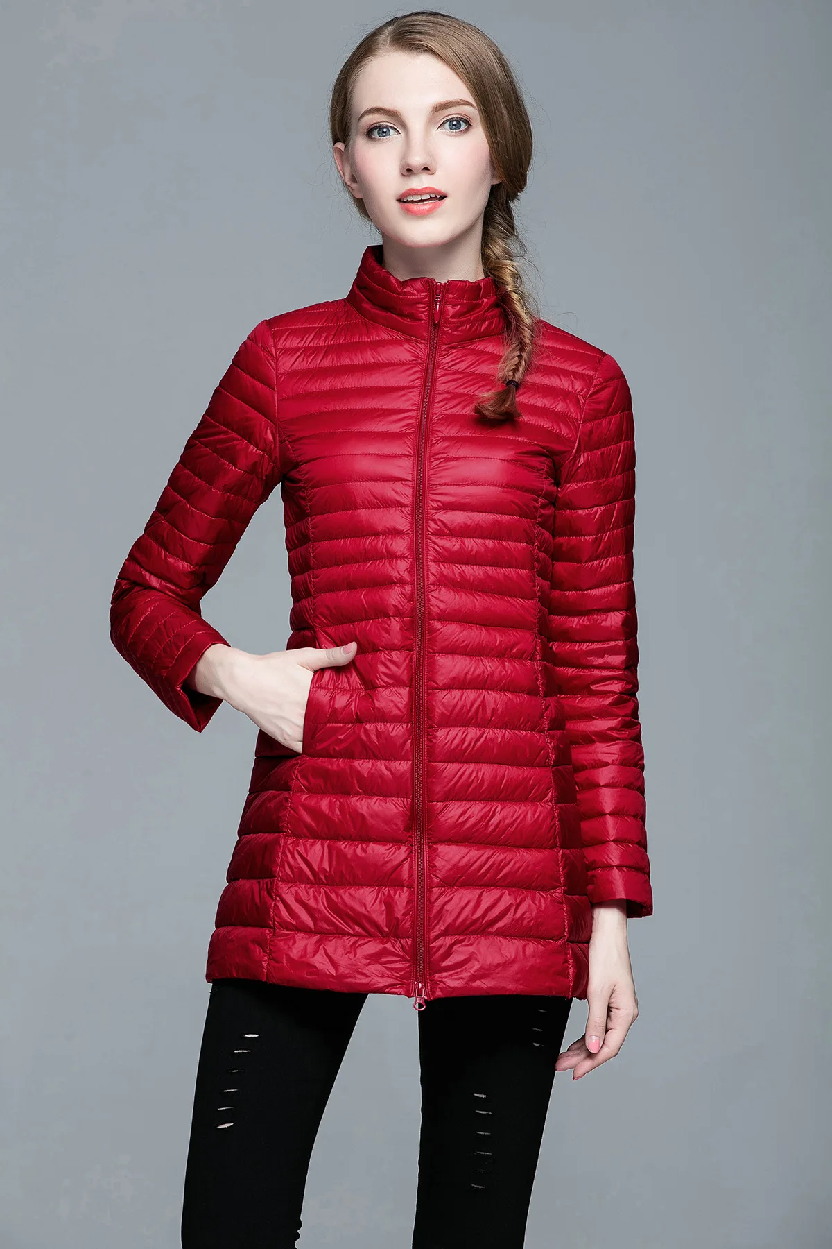 Новинка Зима 2019 женский пуховик средней длины с воротником-стойкой Легкий