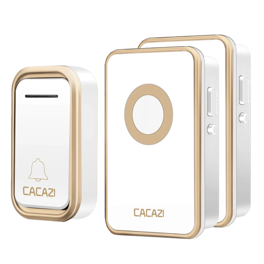 1 button 2 receiver Умный беспроводной дверной звонок CACAZI, водонепроницаемая Батарейная кнопка, дистанционный светодиодный светильник на 300 м, домашний дверной звонок, 38 колокольчиков, вилка стандарта США, ЕС, Великобритании - Цвет: 1 button 2 receiver