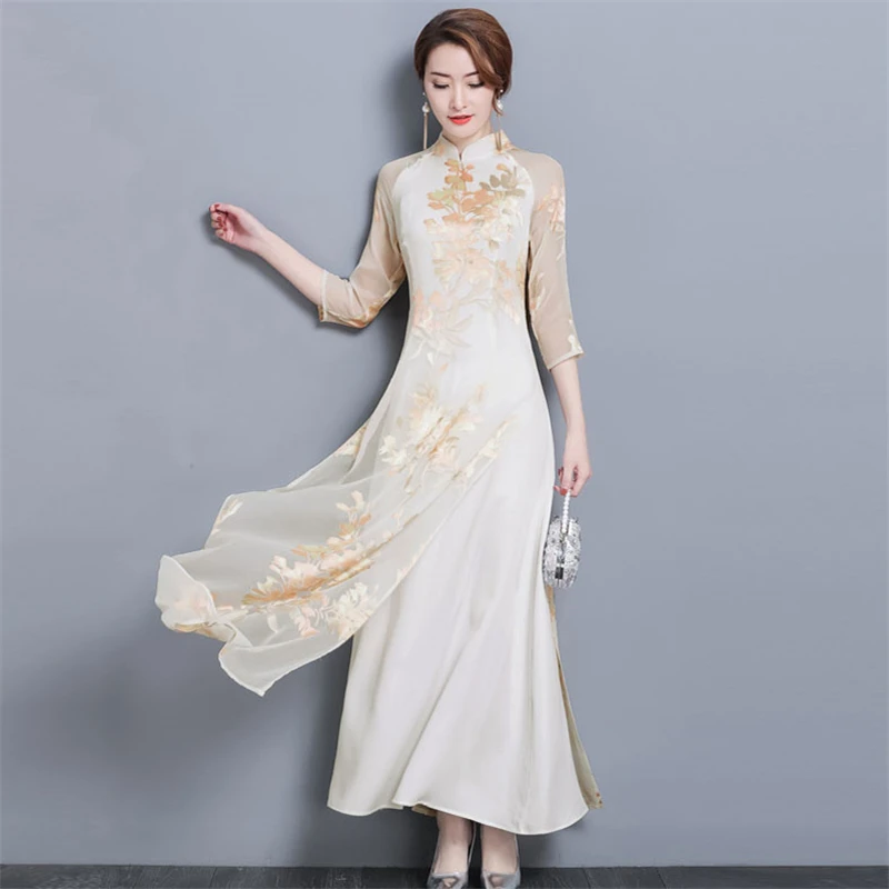 Ao Dai Весна Лето Новое цветочное вьетнамское платье для женщин элегантное Cheongsam традиционное народное Qipao азиатская одежда Vestidos - Цвет: Color 1