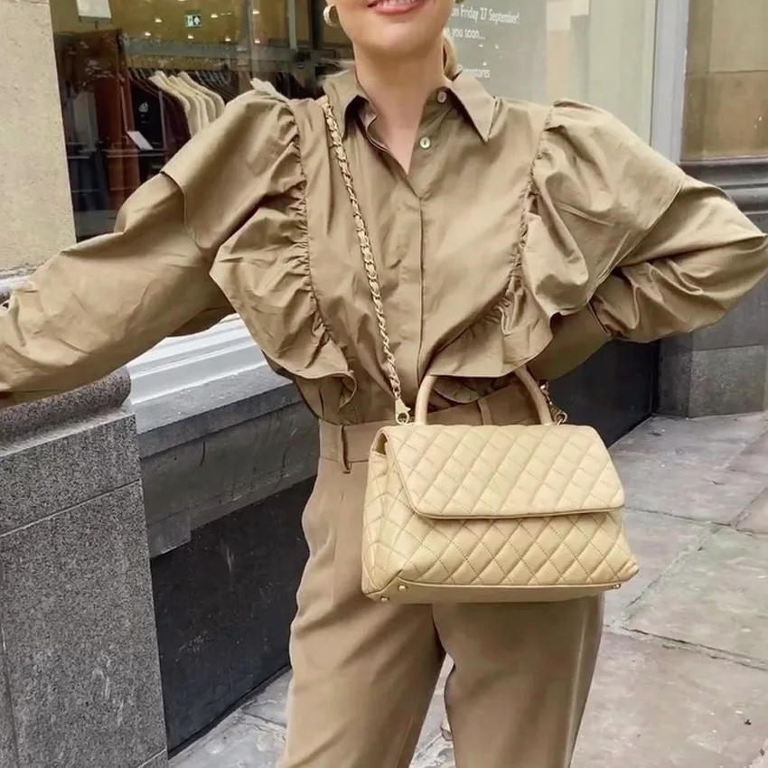 Элегантная плиссированная Блузка цвета хаки с длинным рукавом женские блузки