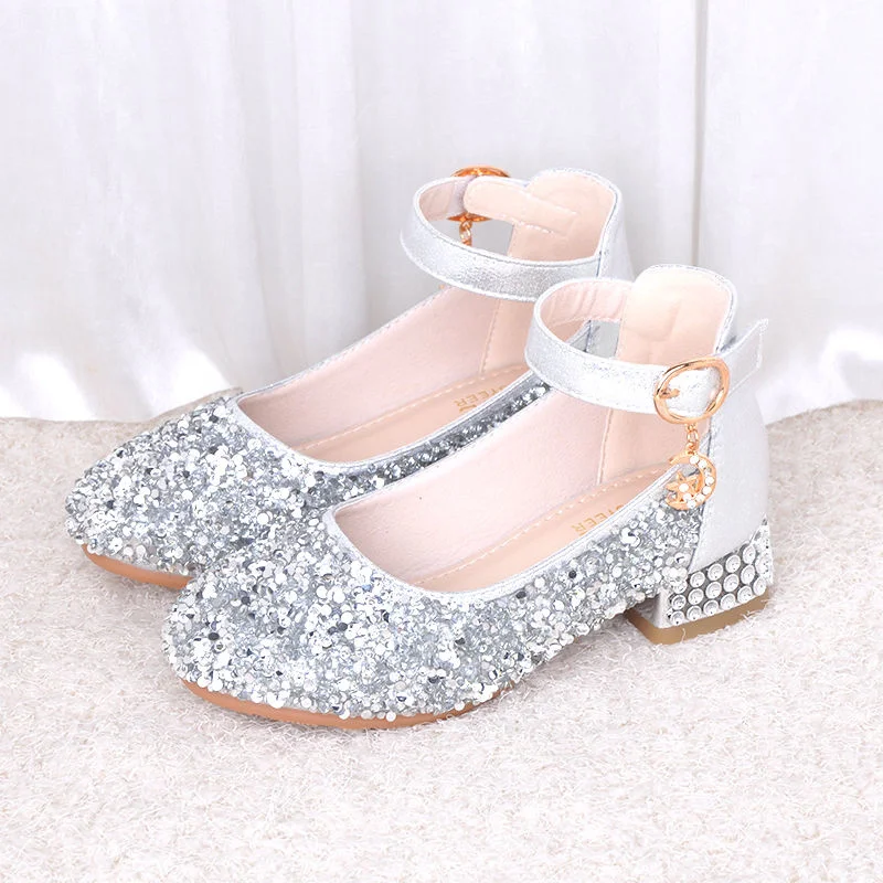 

Flower Children Girls Luxury Party And Wedding Shoes For Kids Girls Silver Pink High heel School Rhinestone Dance Shoes New