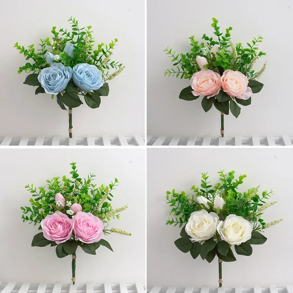 

Bridal Wedding Bouquet Decorative Artificial Roses Bouquet with Stem Eucalyptus Leaves for Home Ornaments Champagne Holding