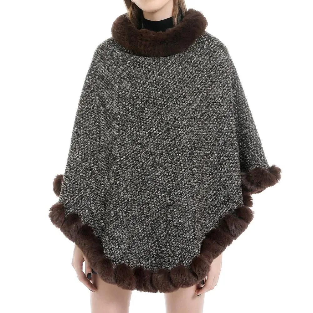Женская кашемировая накидка однотонная с воротником из искусственного лисьего