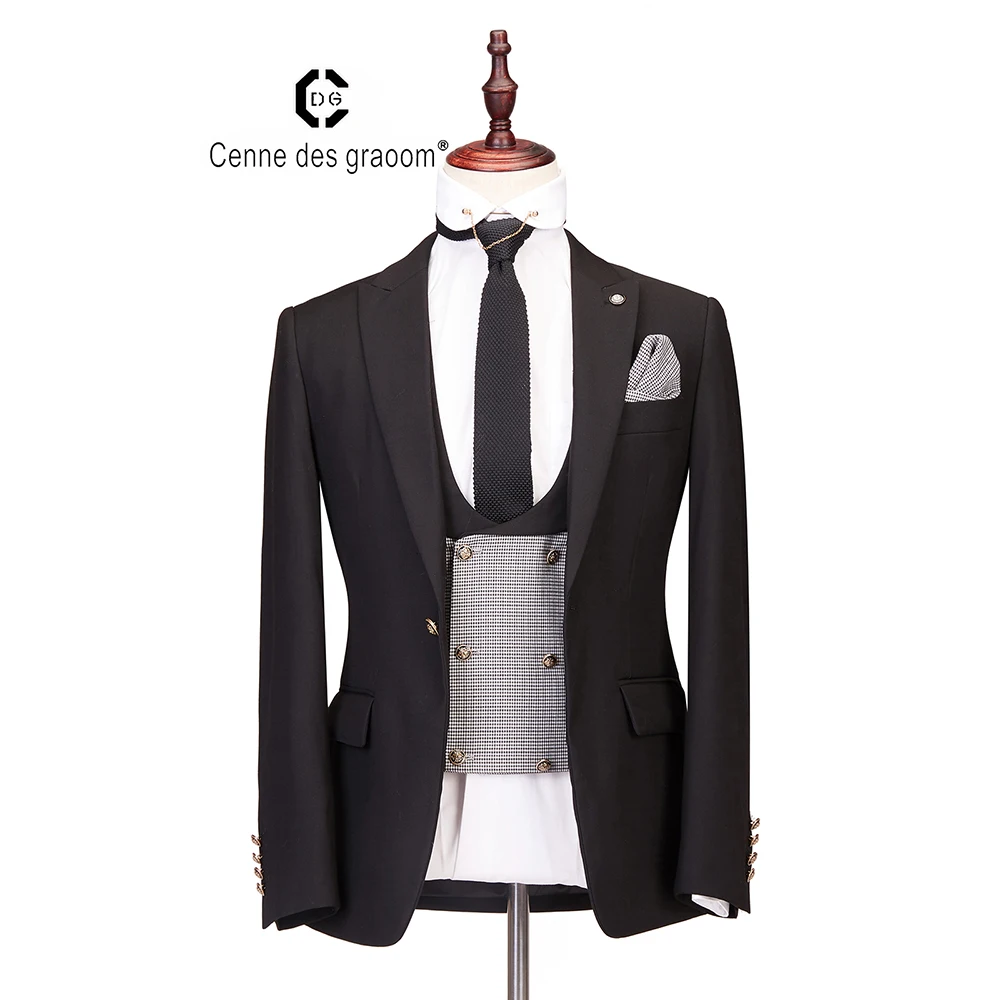 

Cenne Des Graoom New Men Suit Blazer Vest Pants 3 Pieces Tailor-Made Set Wedding Business Casual Groom Party Blue Black Coffee