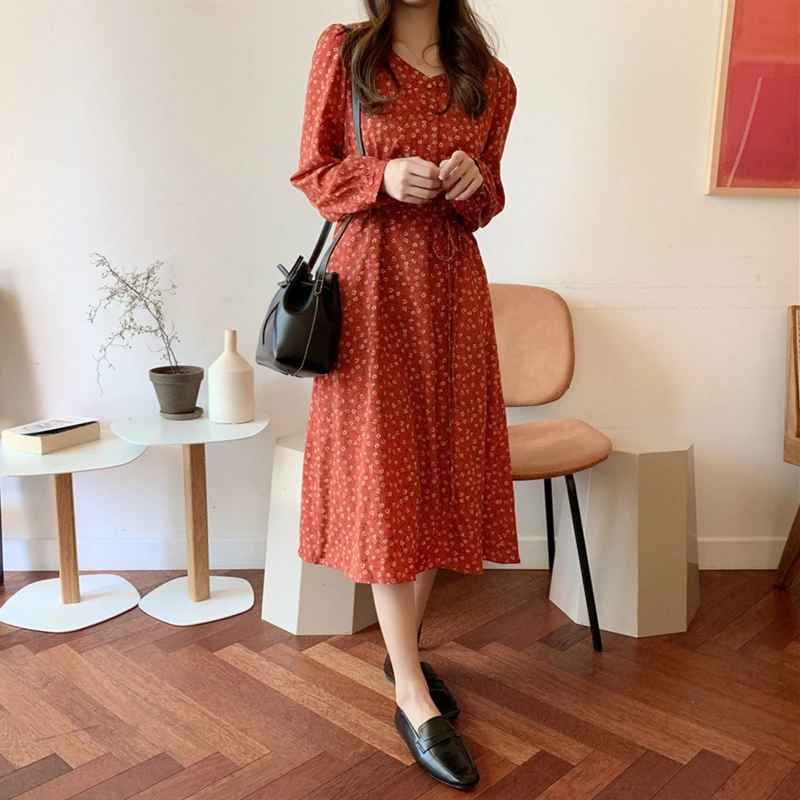 Женское платье на пуговицах Повседневное средней длины с цветочным принтом V