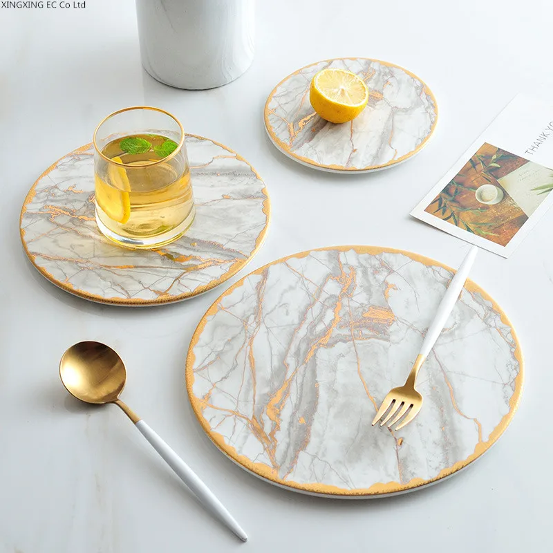 

Phnom Penh Marble Steak Plate Ceramic Tableware Household Round Flat Plate Creative Multifunctional Tea Cup Potholder Fruit Tray