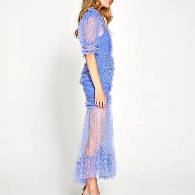 Женское платье макси в горошек летнее Сетчатое Полупрозрачное с высокой талией и