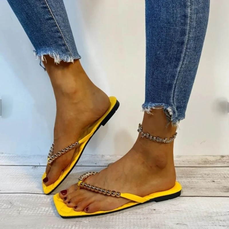 

2021 New Women's Shoes Fashion Casual Simple Beaded Herringbone Flip Flops Flat Heel Summer Comfortable Sandals 6KF259